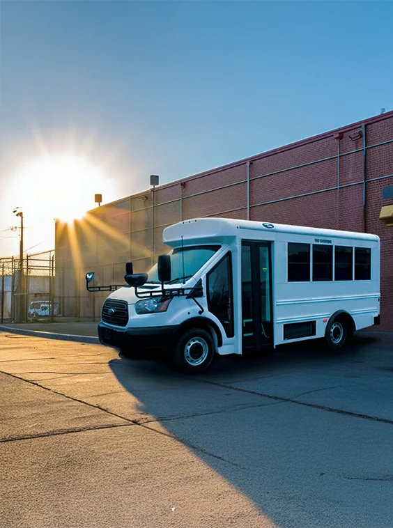 White shuttle bus parked next to a prison near Charleston